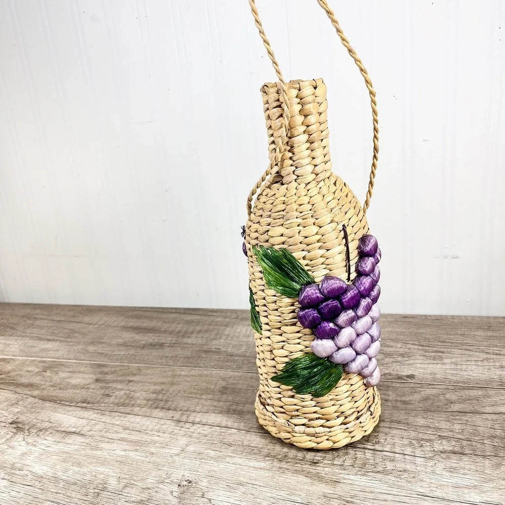 1970s Wine Bottle Holder, Hand-Woven Sea Grass Grapes & Leaves | Boho Bar Decor‎